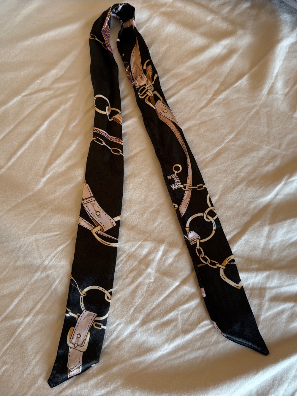 Twill Silk Scarf Ribbon Belt Print Head Bag Neck Tie 34” Black Chain Keychain
